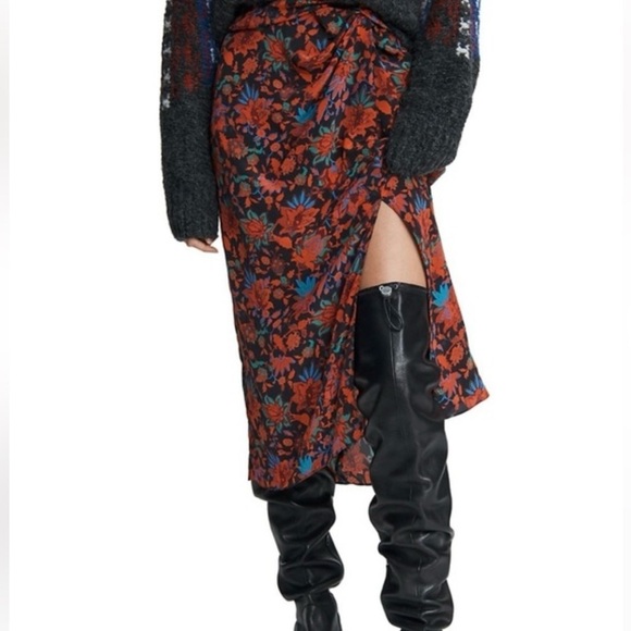 Rag & Bone Amber Midi Skirt Black Bright Floral 2 Slit Wrap Waist Detail Lined - Picture 1 of 15